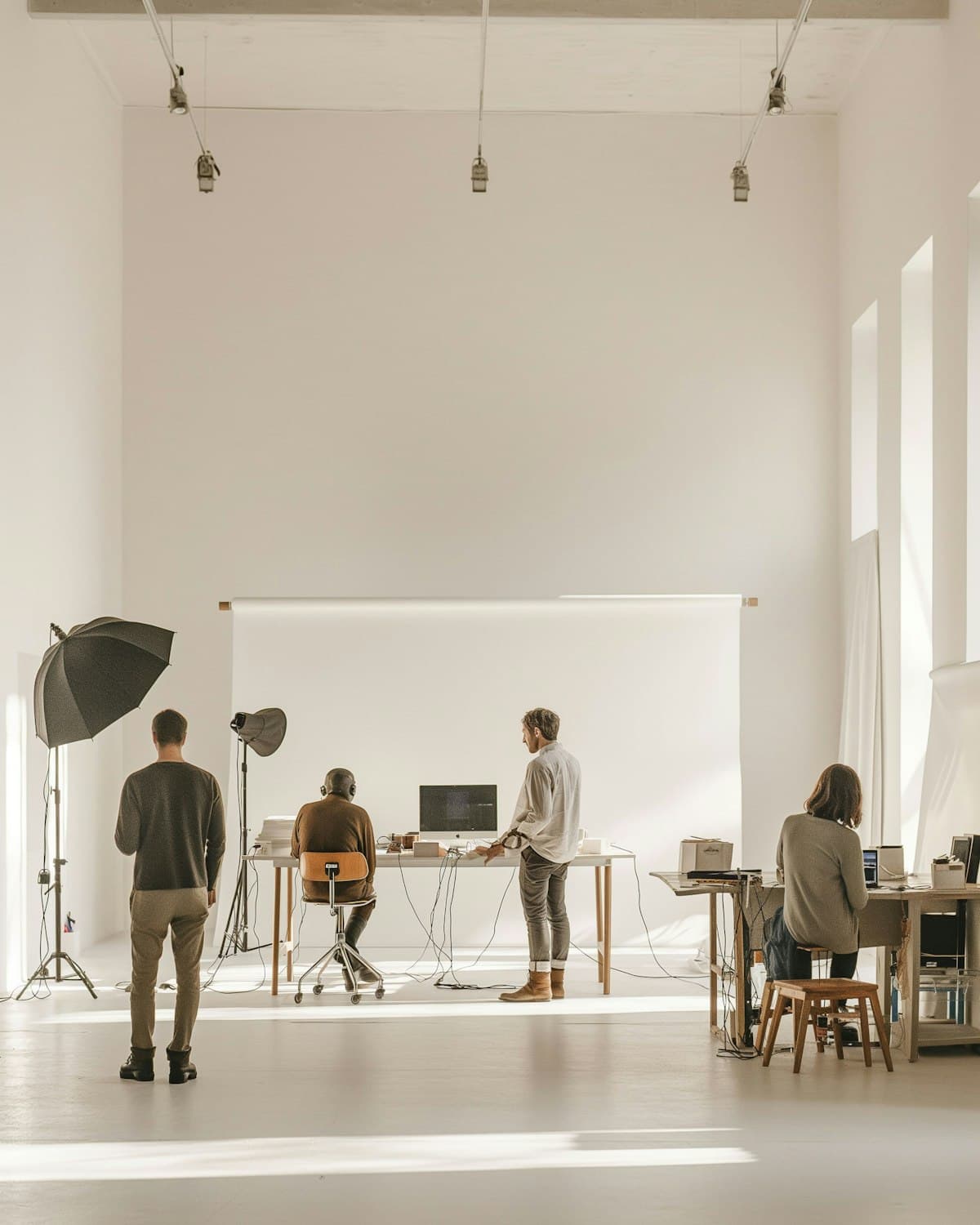 Three designers working together at desks in a bright studio
